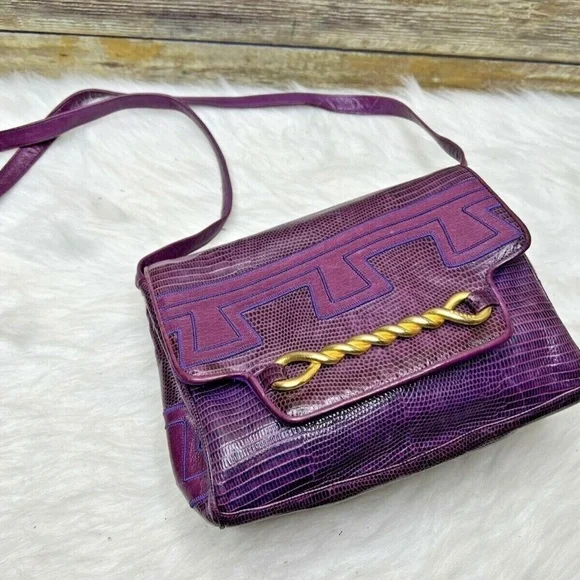 Vntg Sharif Purple Snakeskin Embossed Leather Purse Shoulder Bag Crossbody - Picture 8 of 12